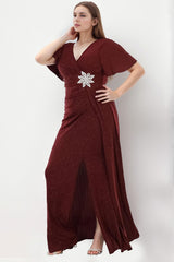 Plus - Size V - Hals Maxi - Jurk Met Glitter — Bordeaux