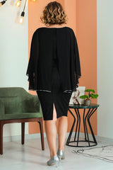 Plus - Size Korte Chiffonjurk Met Glitter — Zwart