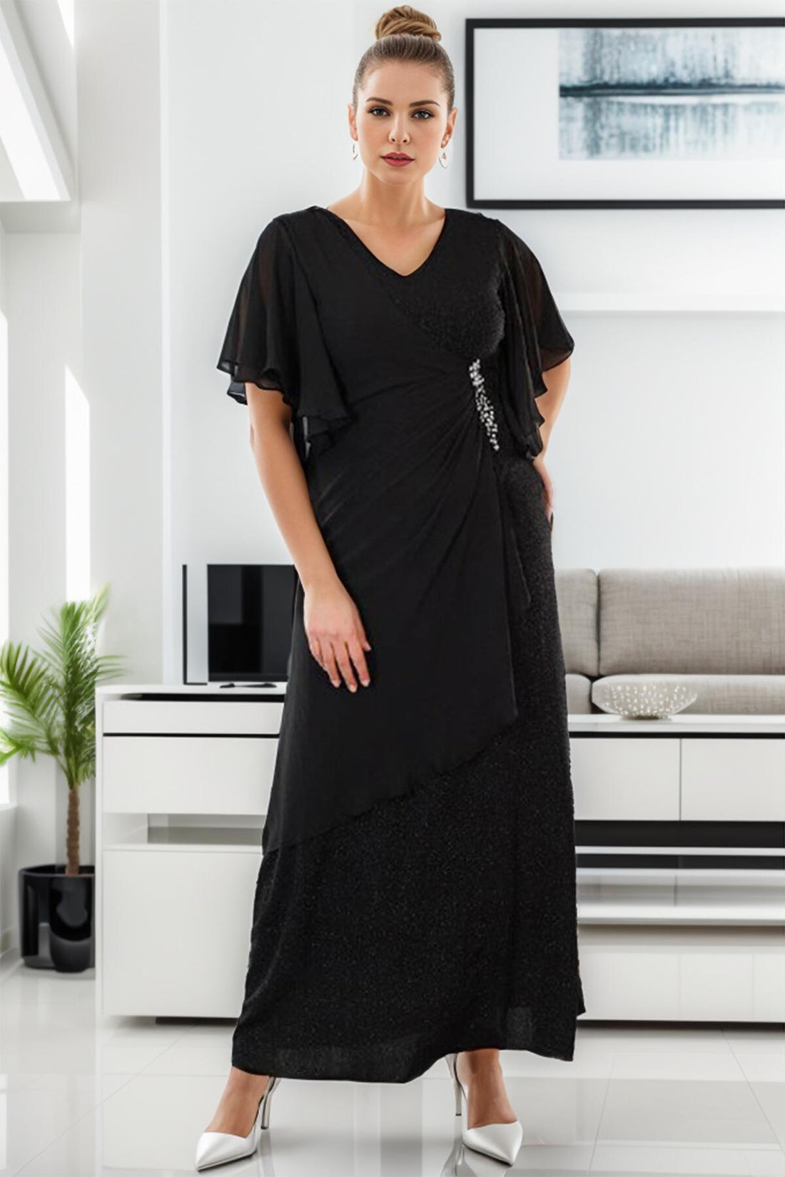 Glitzer - Abendkleid, Große Größe - Schwarz