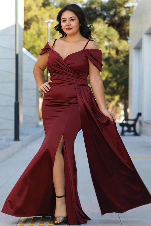 Plus - Size Satijnen Jurk Met Bandjes — Bordeaux