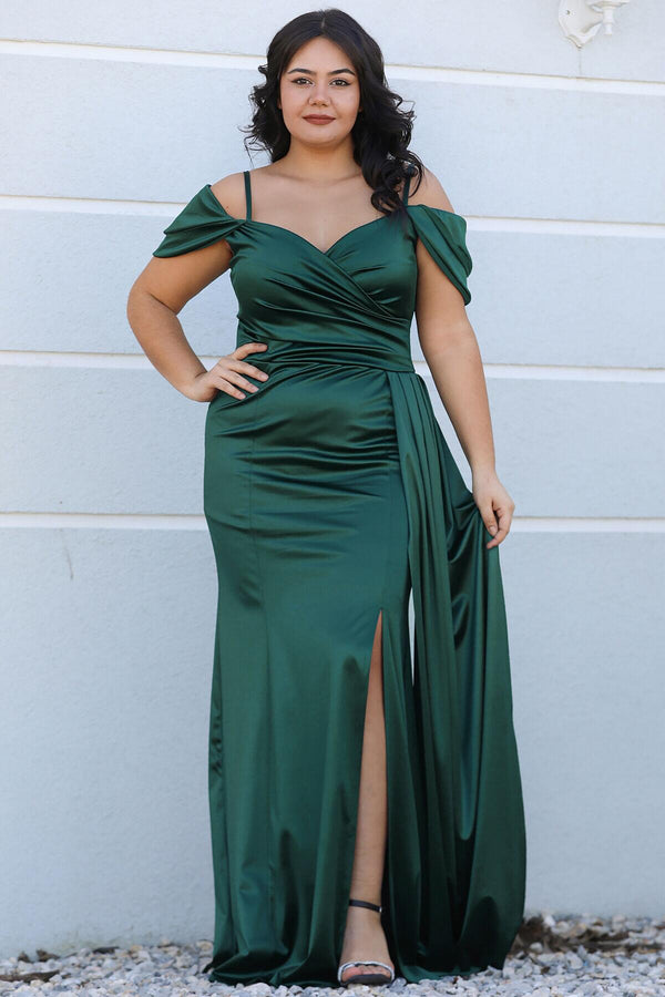 Plus - Size Satijnen Jurk Met Bandjes — Smaragd