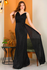 Langes Glitzerndes Abendkleid Mit Schulterdetail – Schwarz