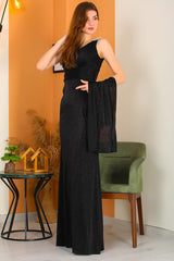 Langes Glitzerndes Abendkleid Mit Schulterdetail – Schwarz