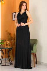 Langes Glitzerndes Abendkleid Mit Schulterdetail – Schwarz