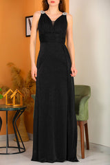 Langes Glitzerndes Abendkleid Mit Schulterdetail – Schwarz