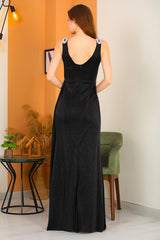 Langes Glitzerndes Abendkleid Mit Schulterdetail – Schwarz