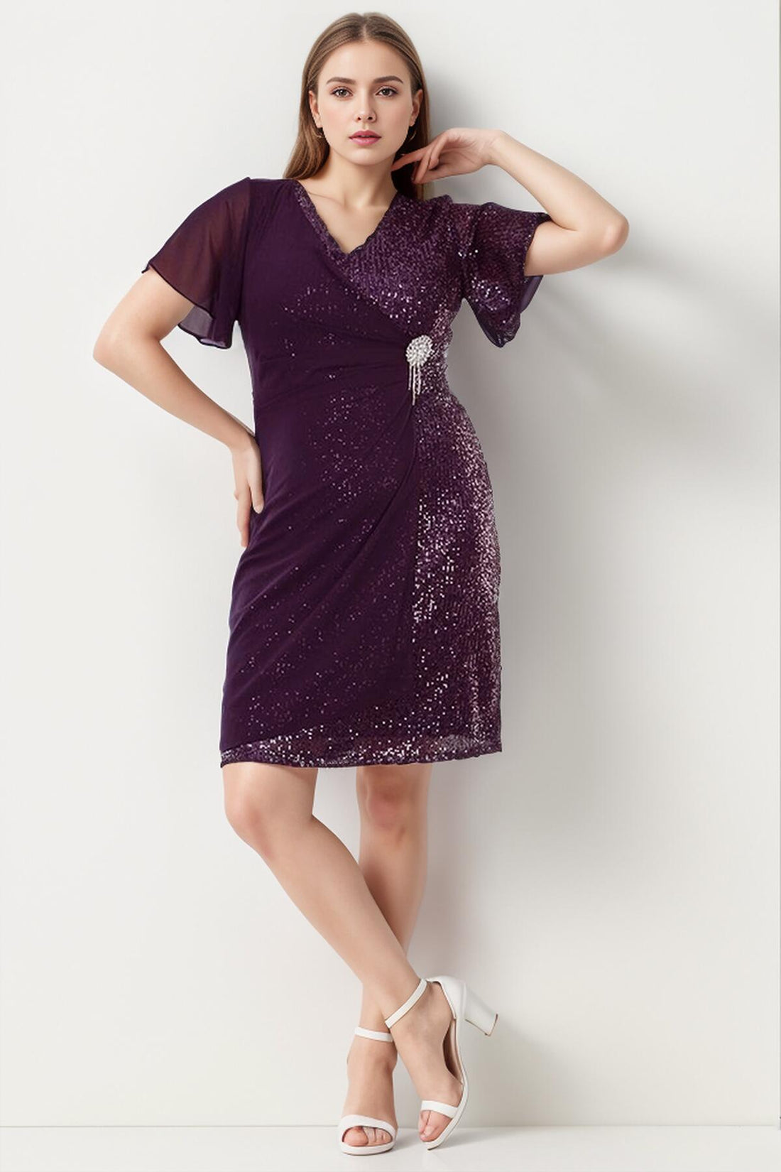 Plus - Size Midi - Jurk Met Taillebroche — Donkerpaars