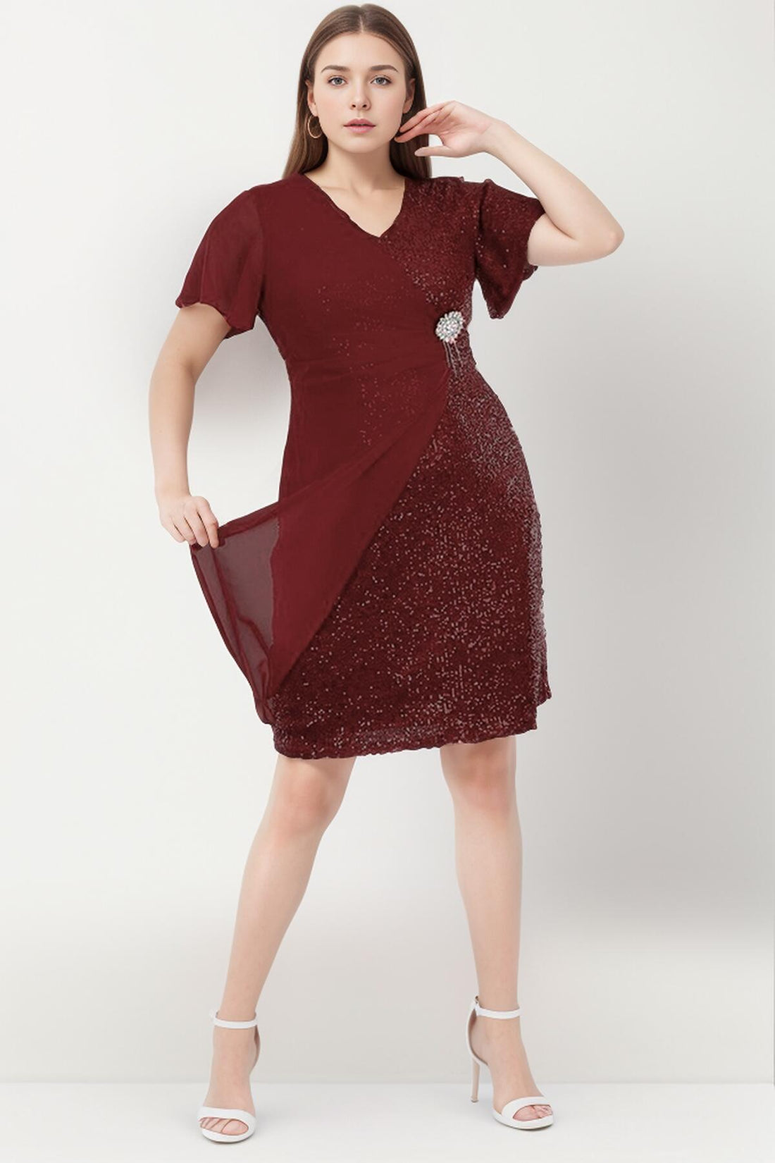 Plus‑Size Midi - Jurk Met Taillebroche — Bordeaux