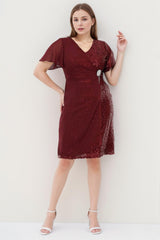 Plus‑Size Midi - Jurk Met Taillebroche — Bordeaux