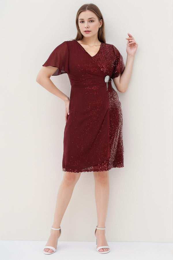 Plus‑Size Midi - Jurk Met Taillebroche — Bordeaux