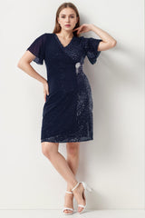 Plus‑Size Midi - Jurk Met Taillebroche — Marineblauw