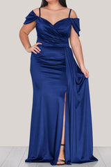 Satijnen Avondjurk Met Smalle Bandjes, Plus - Size — Royal Blue