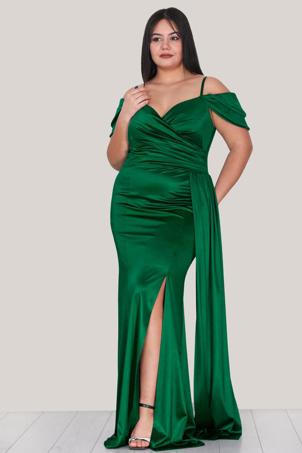 Plus - Size Satijnen Avondjurk Met Bandjes — Groen