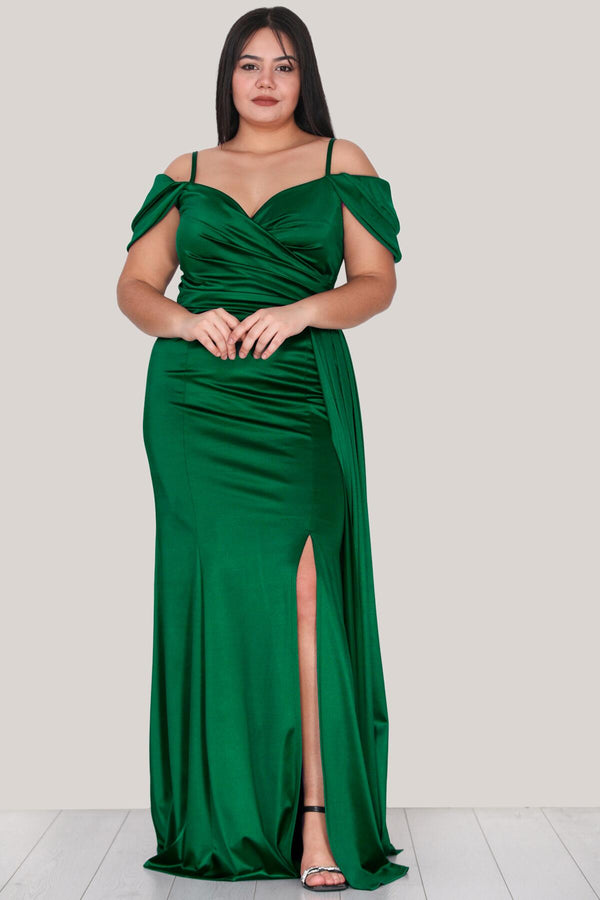 Plus - Size Satijnen Avondjurk Met Bandjes — Groen