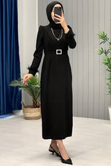 Kleid Mit Gürtel Und Tüllärmeln — Schwarz