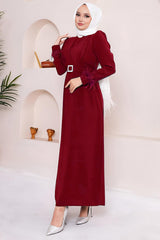 Langes, Gürteltes Kleid Mit Tüllärmeln – Bordeaux
