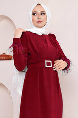 Langes, Gürteltes Kleid Mit Tüllärmeln – Bordeaux