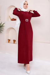 Langes, Gürteltes Kleid Mit Tüllärmeln – Bordeaux
