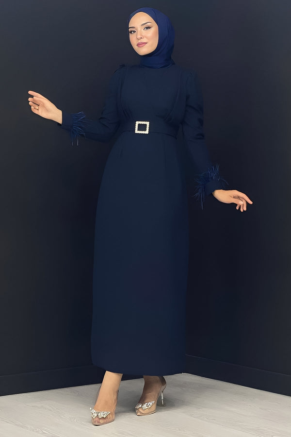 Lange Jurk Met Ceintuur En Tulemouwen – Marineblauw