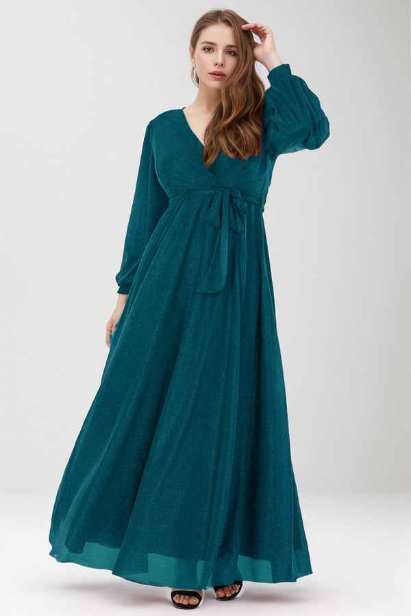 Plus‑Size Lange Avondjurk Met Glitter — Petrol