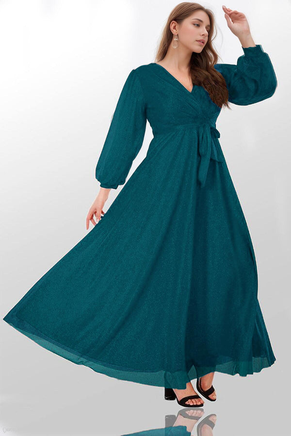 Plus‑Size Lange Avondjurk Met Glitter — Petrol