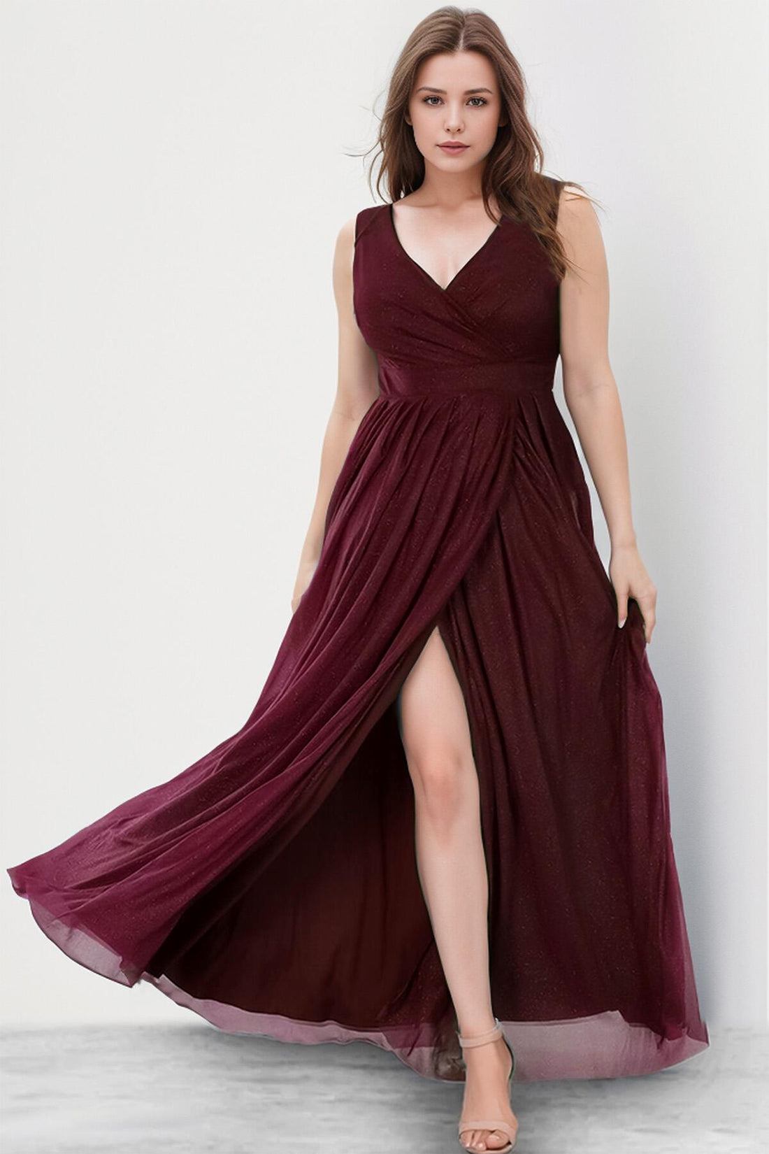 Bordeauxfarbenes Glitzer - Abendkleid – Große Größen