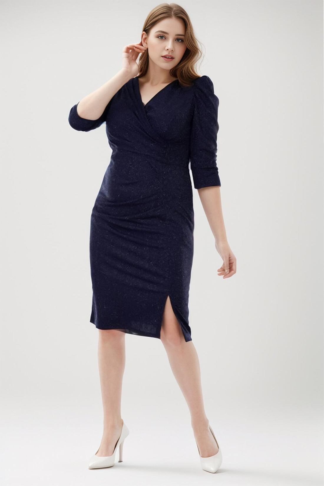 Midi - Jurk Met Glitter – Grote Maten, Marineblauw