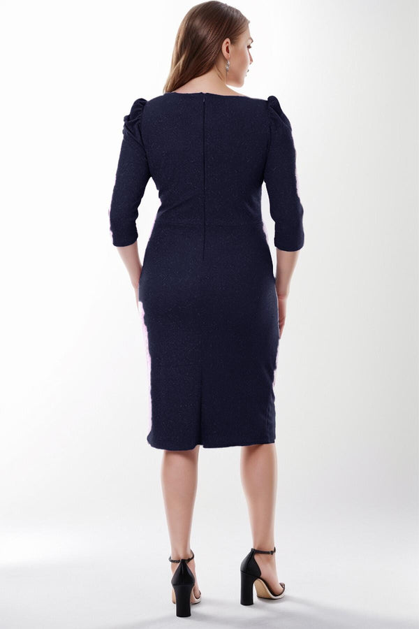 Midi - Jurk Met Glitter – Grote Maten, Marineblauw