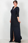 Plus‑Size Lange Avondjurk Met Glinsterende Elleboogmouwen — Marineblauw