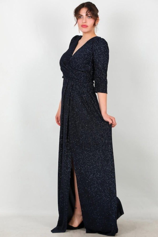 Plus‑Size Lange Avondjurk Met Glinsterende Elleboogmouwen — Marineblauw