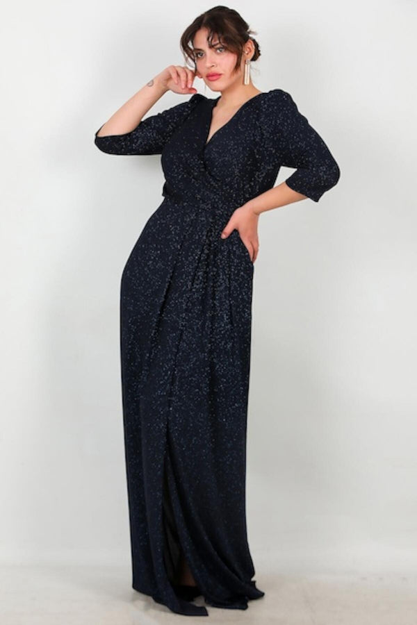 Plus‑Size Lange Avondjurk Met Glinsterende Elleboogmouwen — Marineblauw
