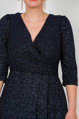 Langes Abendkleid In Marineblau Mit Glitzernden Ellbogenärmeln — Große Größen