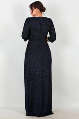 Langes Abendkleid In Marineblau Mit Glitzernden Ellbogenärmeln — Große Größen