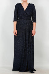 Langes Abendkleid In Marineblau Mit Glitzernden Ellbogenärmeln — Große Größen