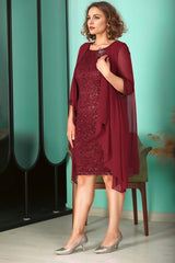 Plus - Size Chiffon Pailletten Avondjurk, Bordeaux