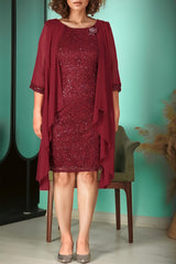 Plus - Size Chiffon Pailletten Avondjurk, Bordeaux