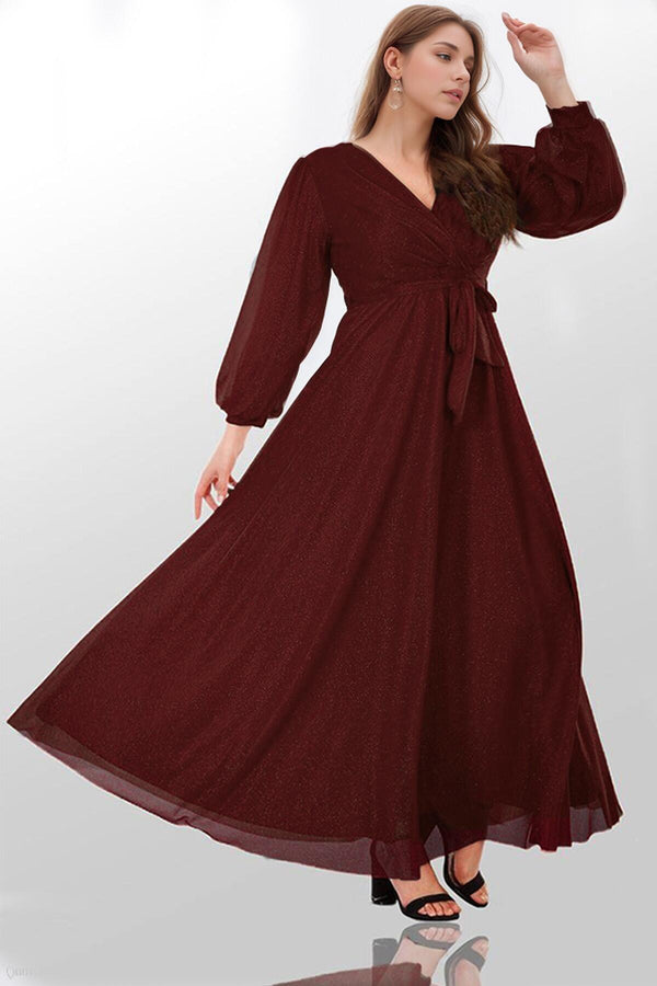 Plus - Size Lange Glitterjurk – Bordeaux