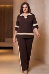 Plus - Size Tweedelig Set Met Polokraag En Streepdetail — Bruin