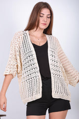 Cremefarbene Ajour‑Strickjacke