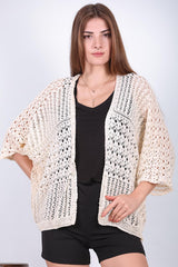 Cremefarbene Ajour‑Strickjacke