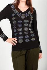 V - Neck Stone - Embellished Blouse — Black
