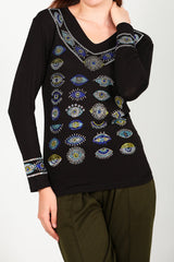V - Neck Stone - Embellished Blouse — Black