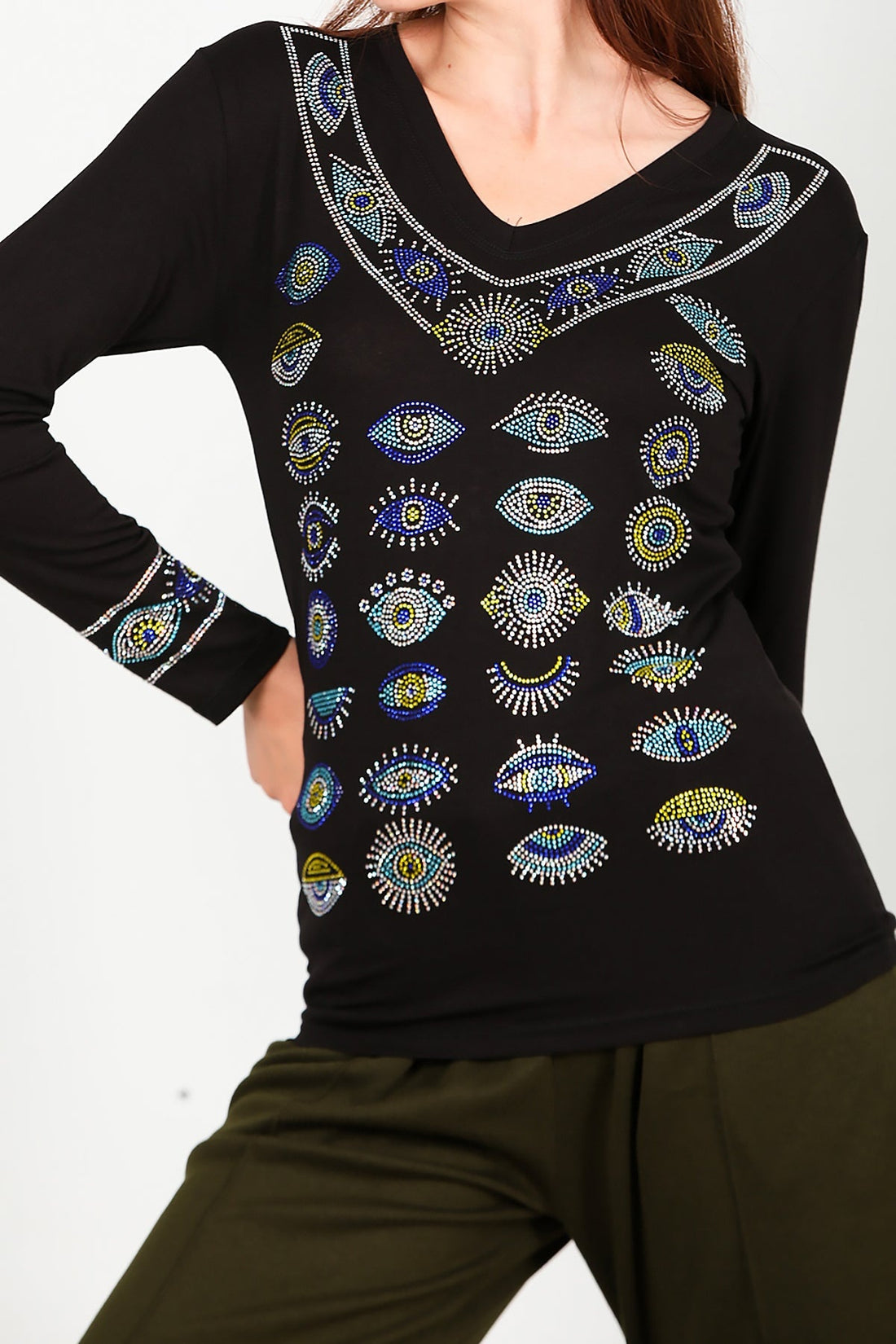 V - Neck Stone - Embellished Blouse — Black