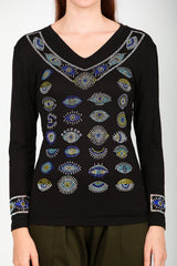 V - Neck Stone - Embellished Blouse — Black