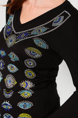 V - Neck Stone - Embellished Blouse — Black