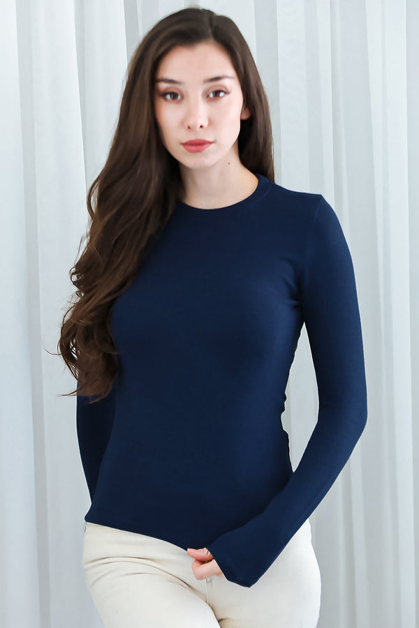 Marineblauwe Blouse Met Ronde Hals