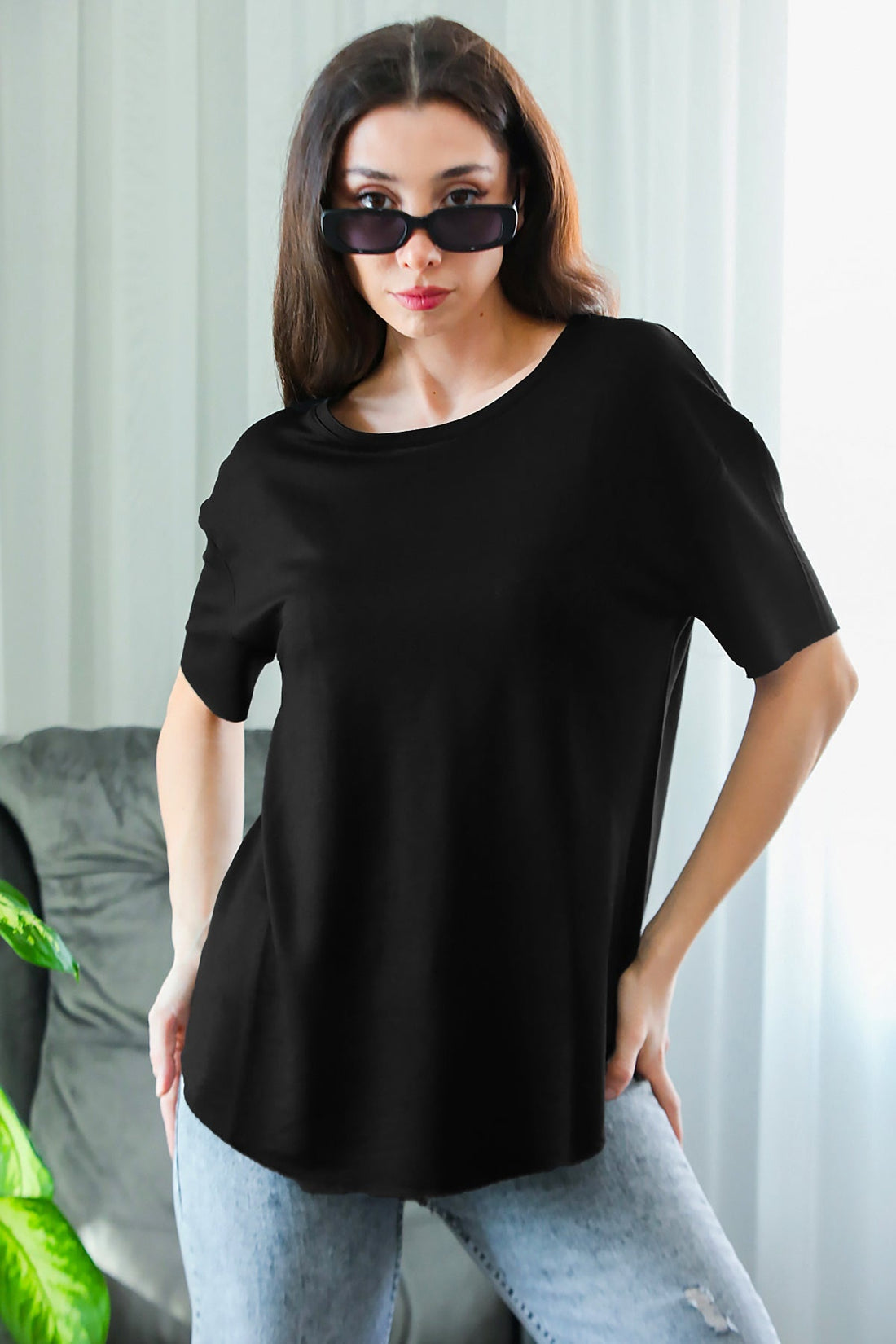 T‑Shirt Met Ovalen Zoom En Ronde Hals, Zwart
