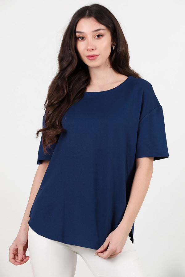 T - Shirt Met Ronde Hals En Afgeronde Zoom — Marineblauw