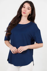 T - Shirt Met Ronde Hals En Afgeronde Zoom — Marineblauw