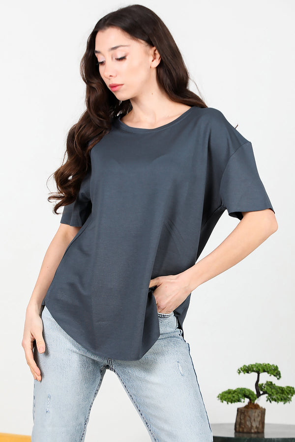 T - Shirt Met Ronde Hals En Afgeronde Zoom — Antraciet